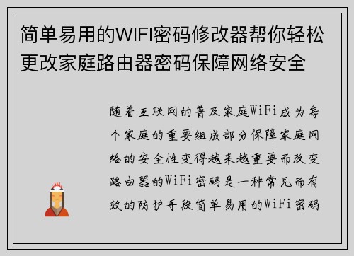 简单易用的WIFI密码修改器帮你轻松更改家庭路由器密码保障网络安全